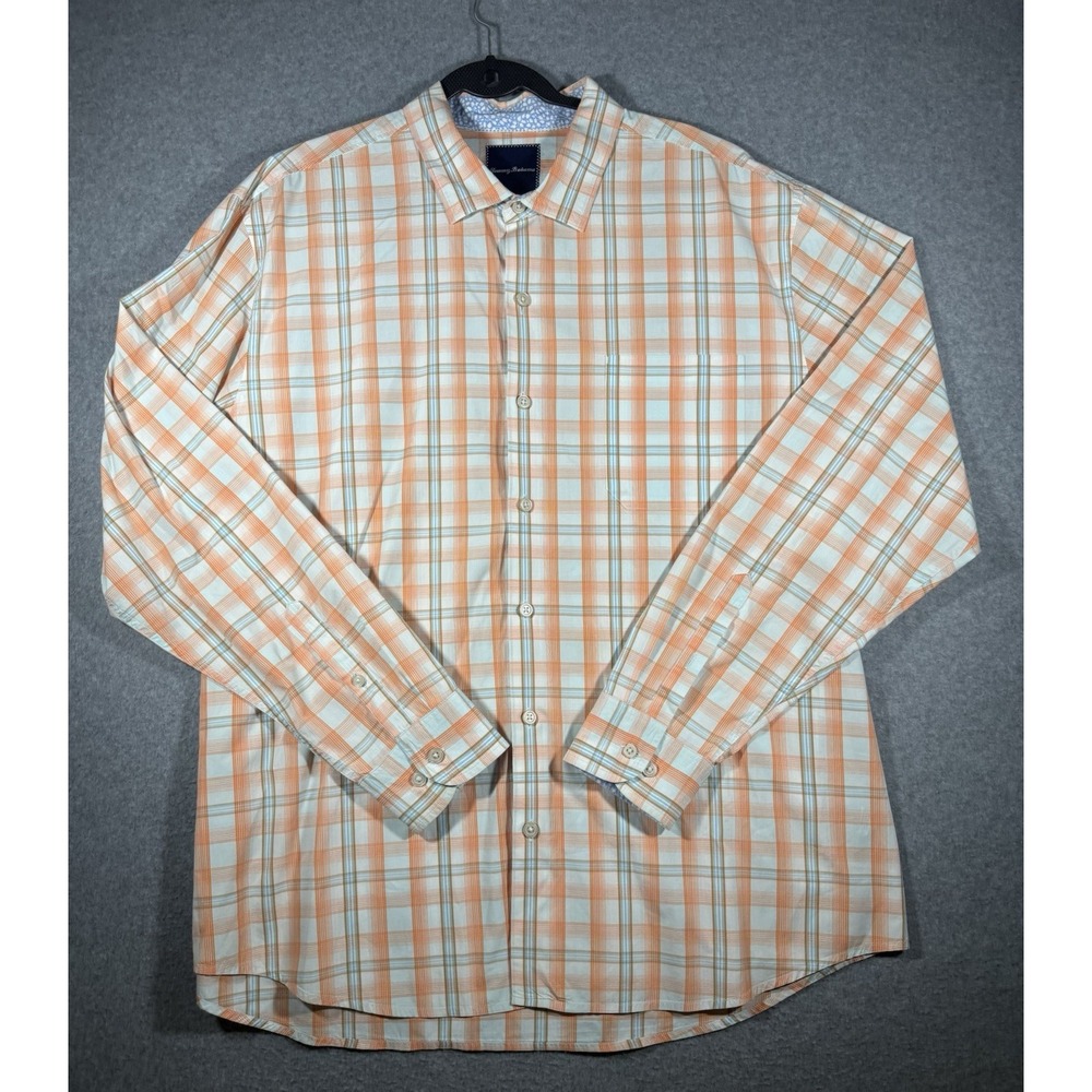 Tommy Bahama Button-Down Shirt Size XXL Orange Plaid Pima Cotton Long Sleeve